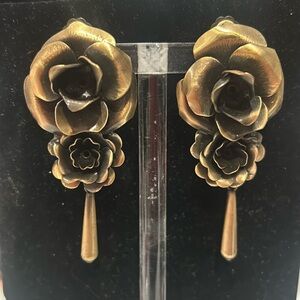 Vintage Antiqued Brass Finished Double Flower Statement Earrings-Boutique